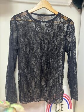 Black Lace Sheer Long Sleeve - Women Top Super Soft Stretchy NWT